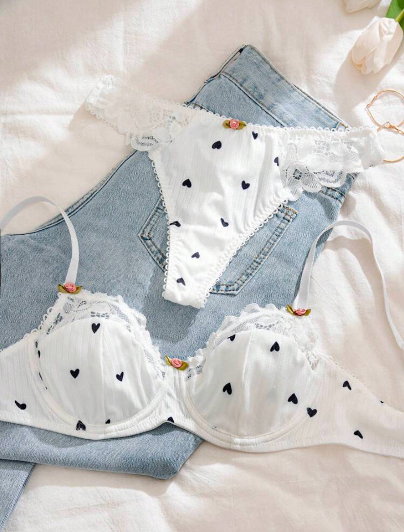Conjunto de ropa interior con sujetador y pantie de 2 piezas con estampado de corazón y encaje en contraste, lencería