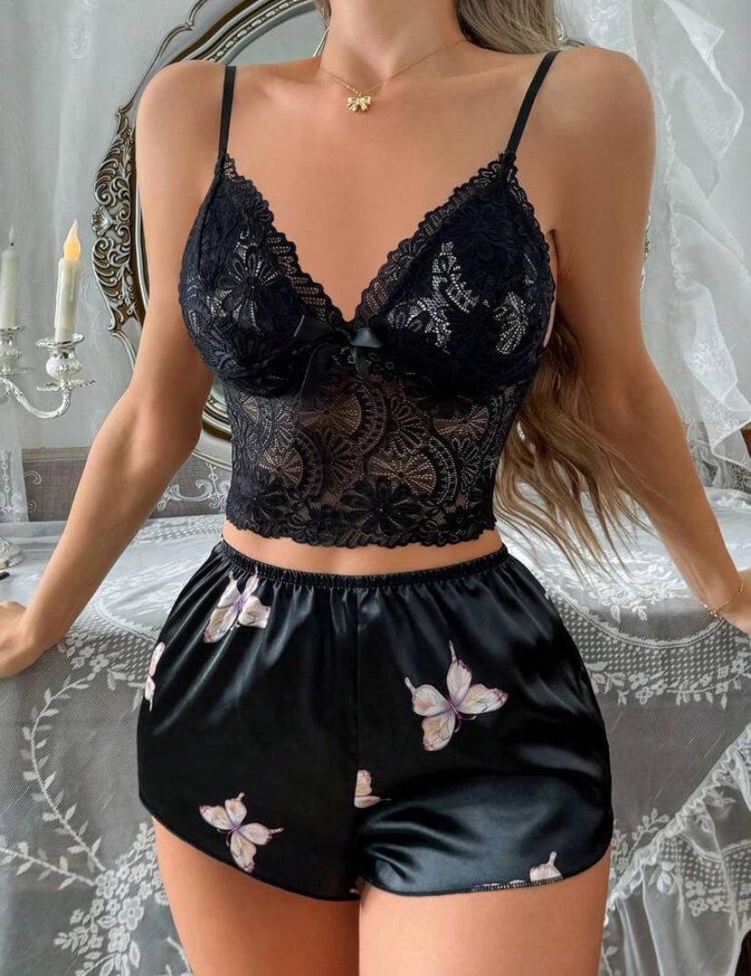 Set de lencería con estampado floral con encaje en contraste