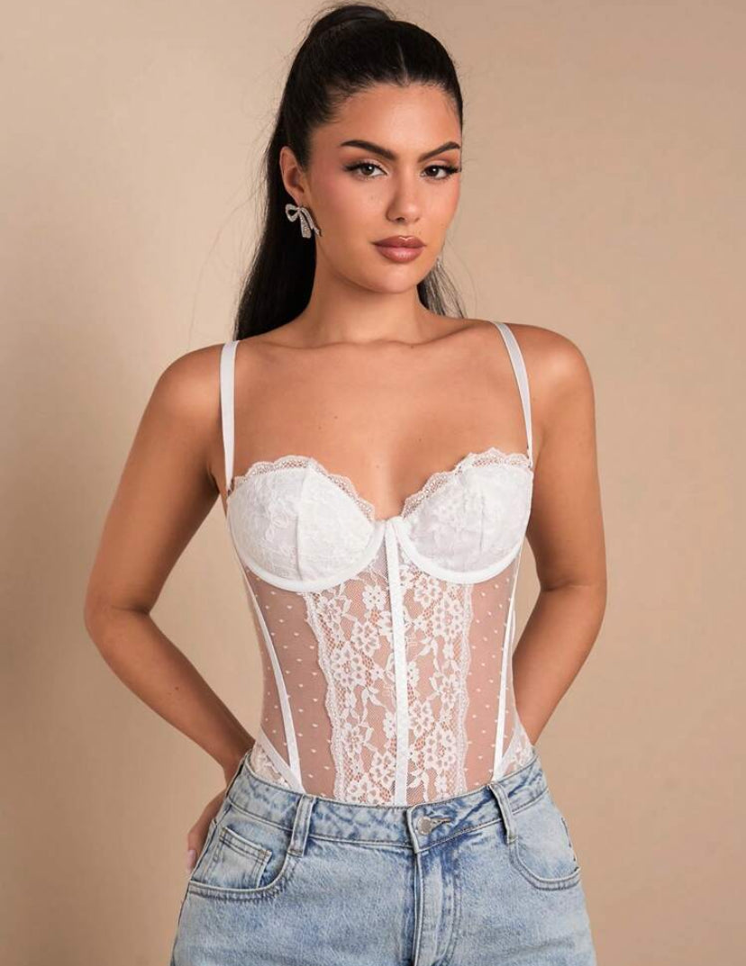 Top de body sexy con corpiño de encaje con parches Blanco