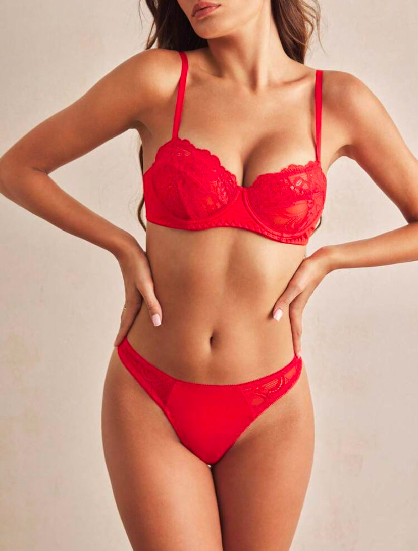 Conjunto De Lencería Sexy Para Mujer Con Sujetador De Encaje De Perspectiva, Aros Y Tanga En T