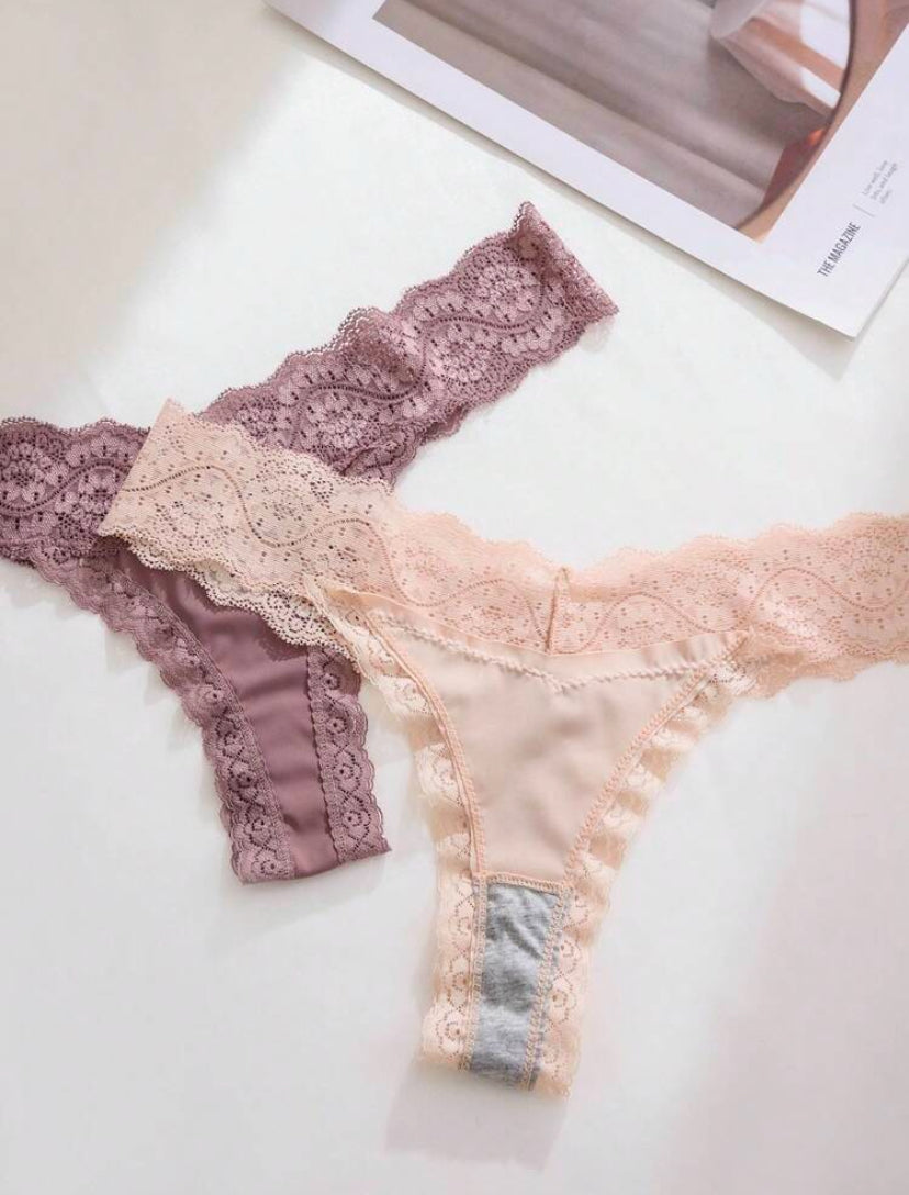 Set de 5 tangas casuales de mujer de cintura baja con parches de encaje de colores múltiples