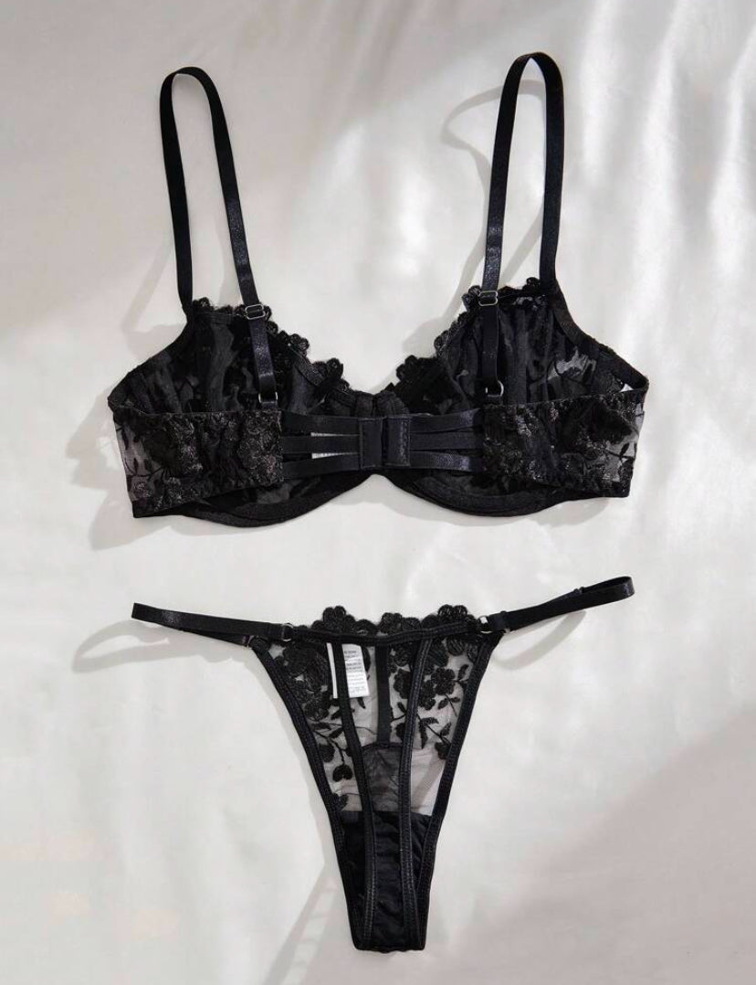 2 piezas Conjunto de lencería de dama negro de encaje bordado transparente de malla de unicolor con sujetador y tanga