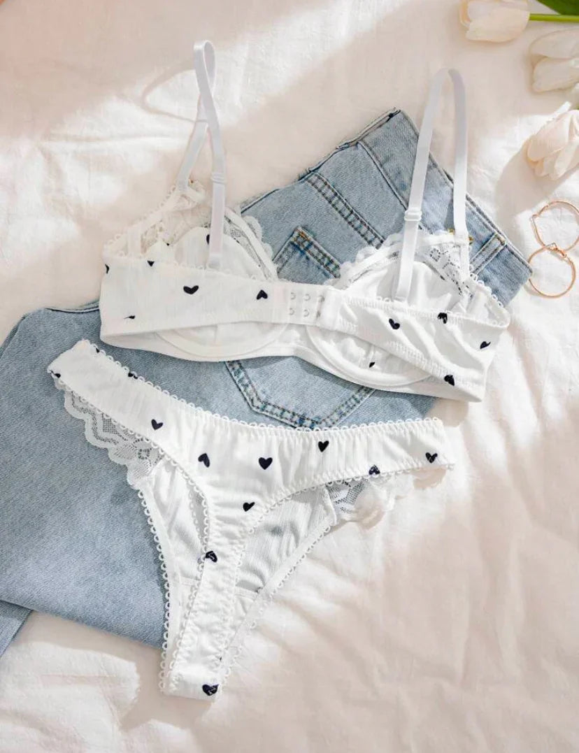 Conjunto de ropa interior con sujetador y pantie de 2 piezas con estampado de corazón y encaje en contraste, lencería