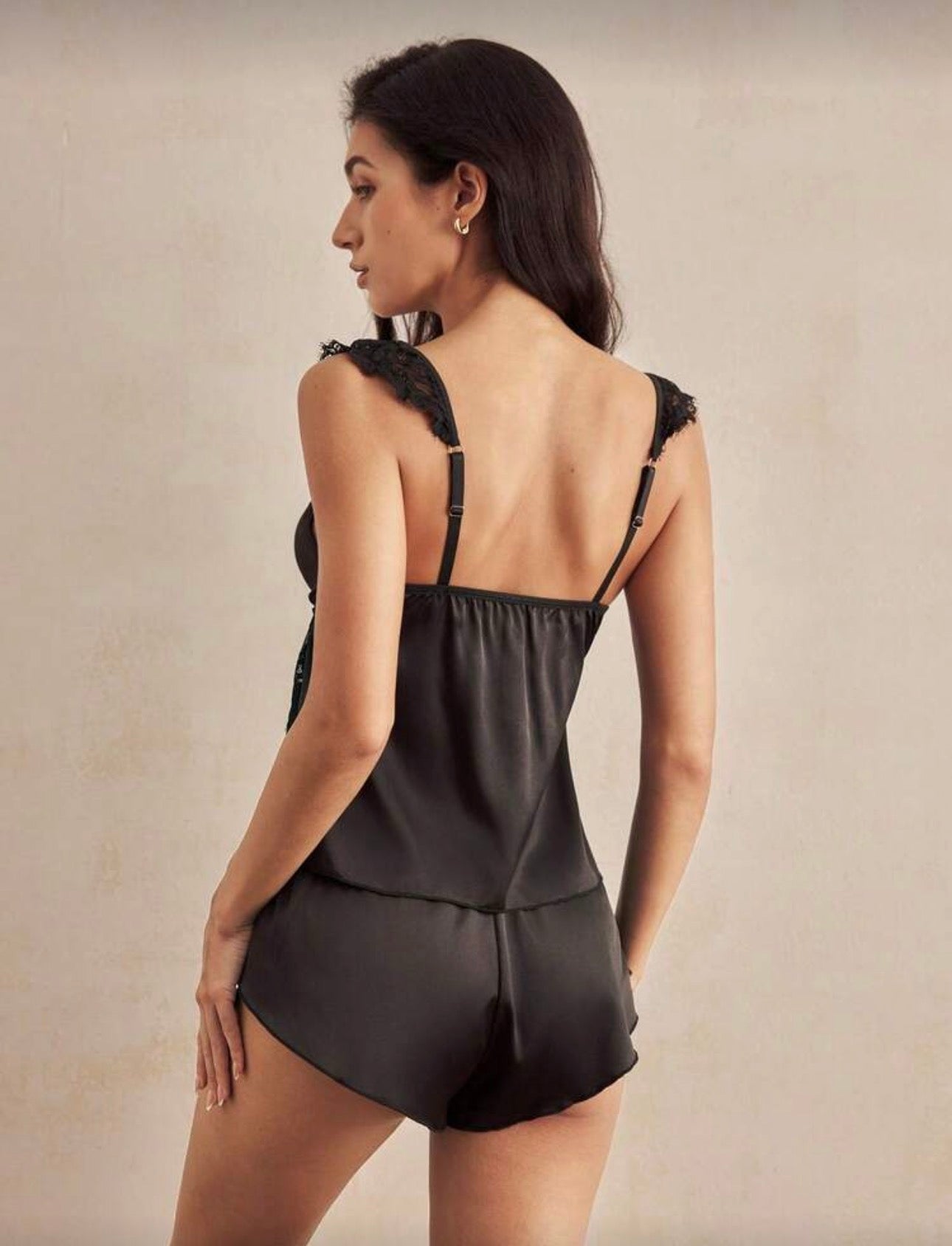 2 piezas Elegante pijama de mujer de encaje francés y satén, cómodo
