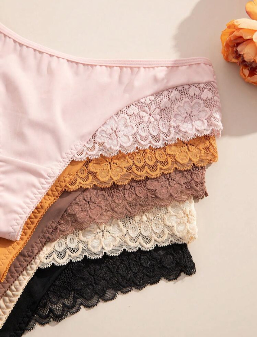 Set de 5 bragas/tangas de encaje francés elegante con empalme sin costuras para mujeres, ideales para trajes de baño