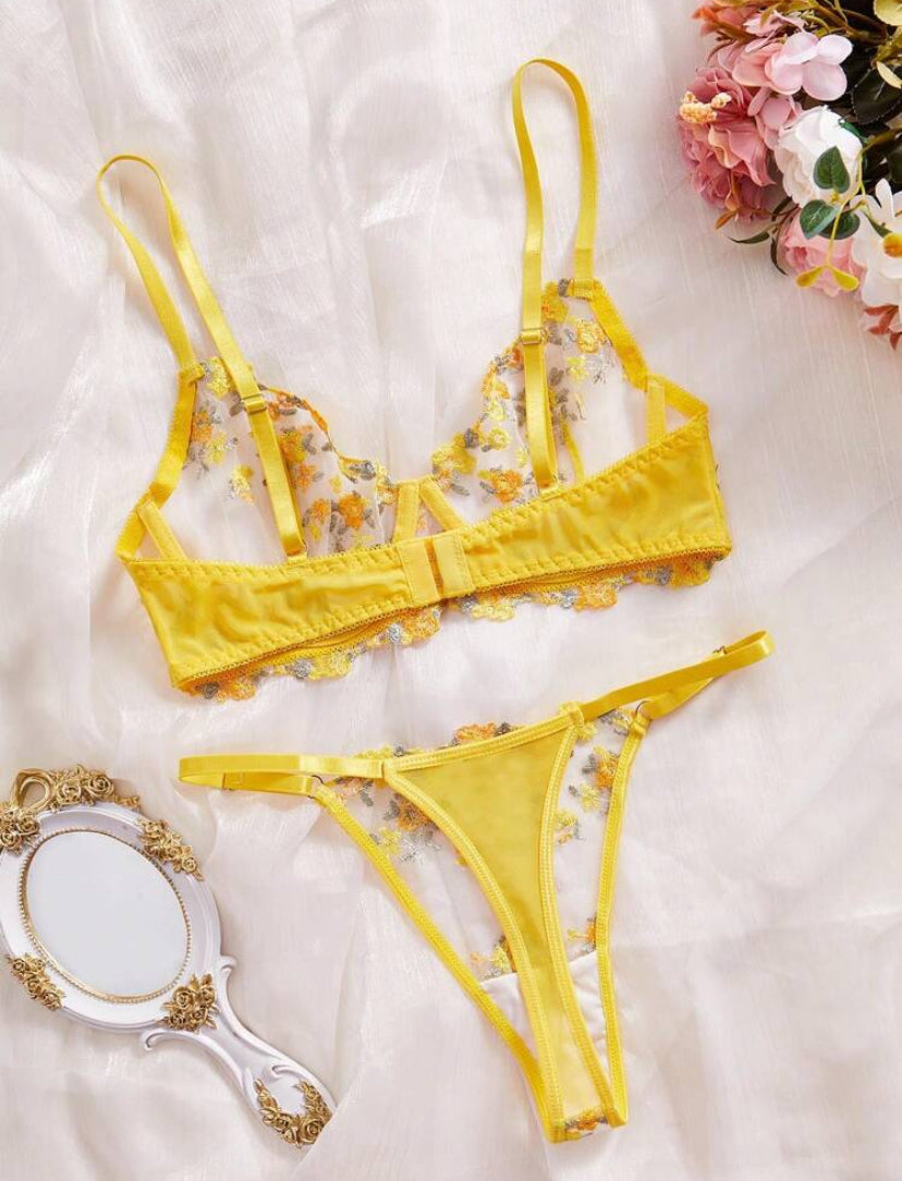 Conjunto de lencería 2 piezas de mujer sexy con bordado floral transparente, ropa de dormir romántica para luna de miel