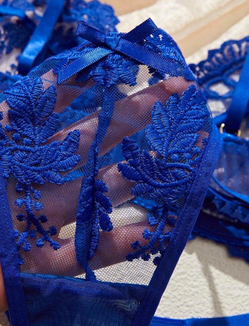 Set de 2 piezas de lencería romántica y seductora con bordado azul para mujer