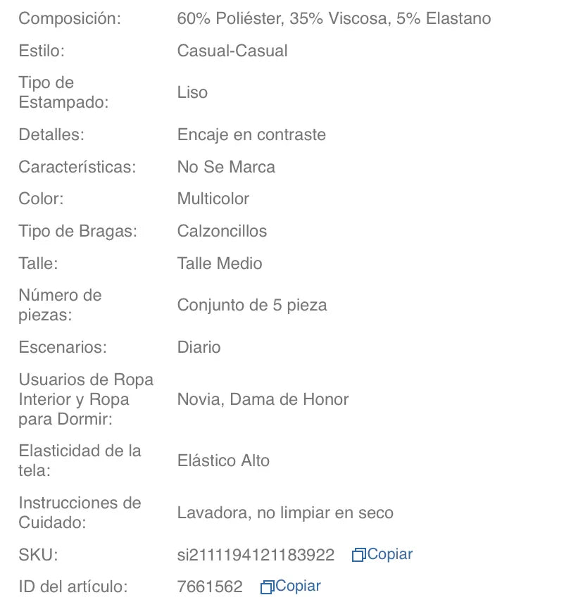 5 piezas Bragas con encaje en contraste