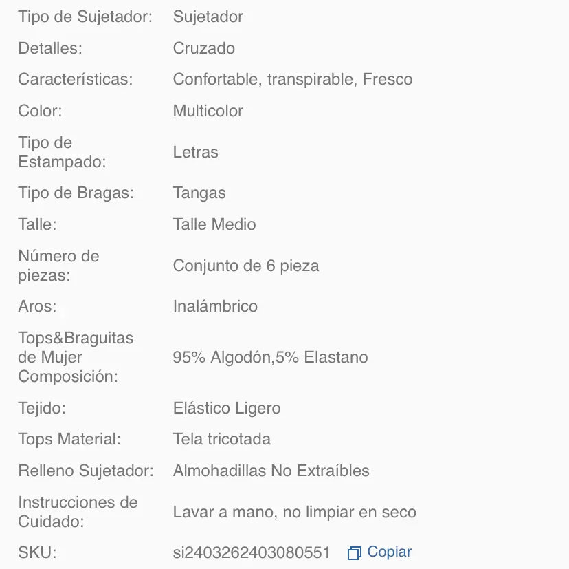 Conjunto de ropa interior femenina LOVE con correa, 6 piezas algodón