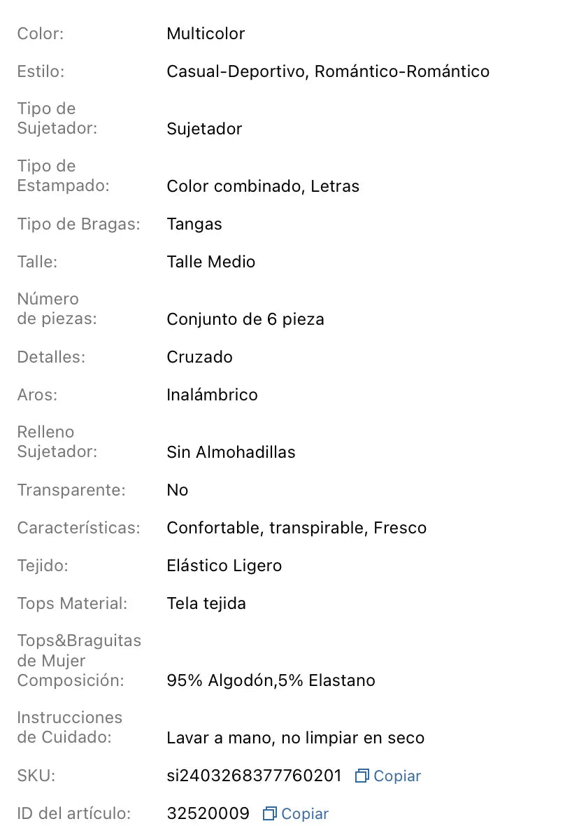 Conjunto de ropa interior femenina LOVE con correa, 6 piezas algodón