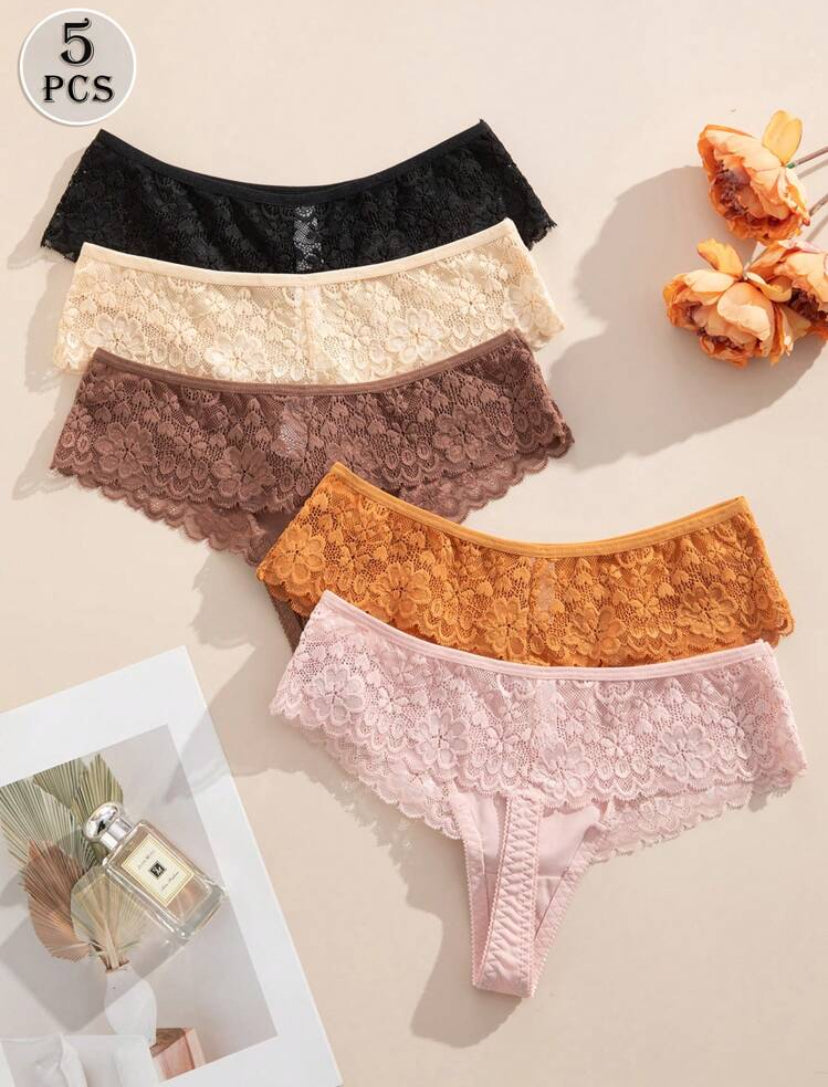 Set de 5 bragas/tangas de encaje francés elegante con empalme sin costuras para mujeres, ideales para trajes de baño