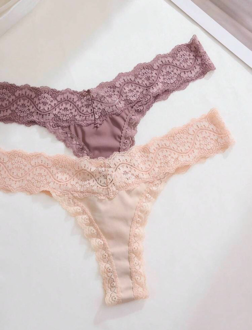 Set de 5 tangas casuales de mujer de cintura baja con parches de encaje de colores múltiples
