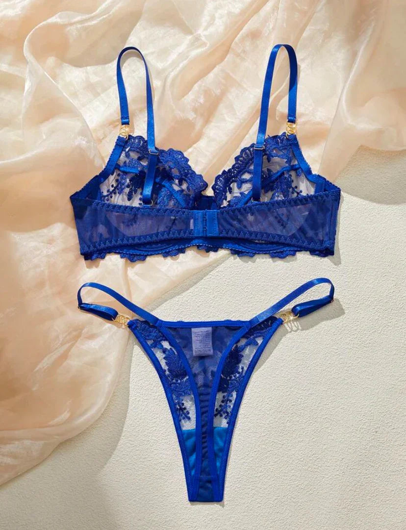 Set de 2 piezas de lencería romántica y seductora con bordado azul para mujer