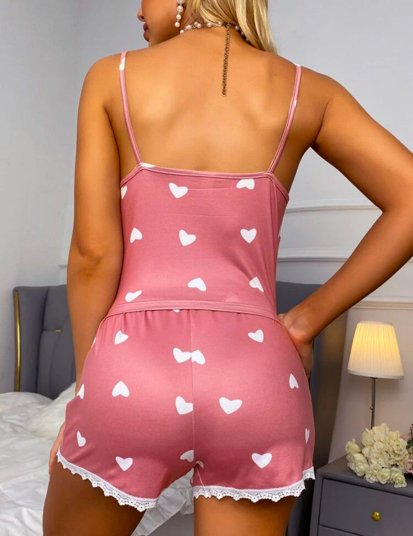 Conjunto de pijama con estampado de corazón ribete con encaje