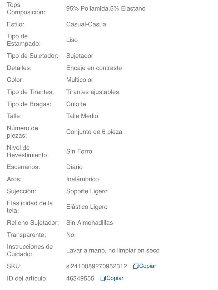Set de 6 piezas de camiseta y pantaleta para mujer, ropa interior casual y sin costuras