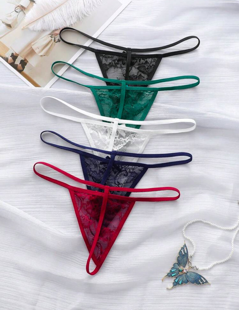 Set de 5 piezas de ropa interior tipo tanga de mujer en unicolor con encaje y moño sexy, para uso diario