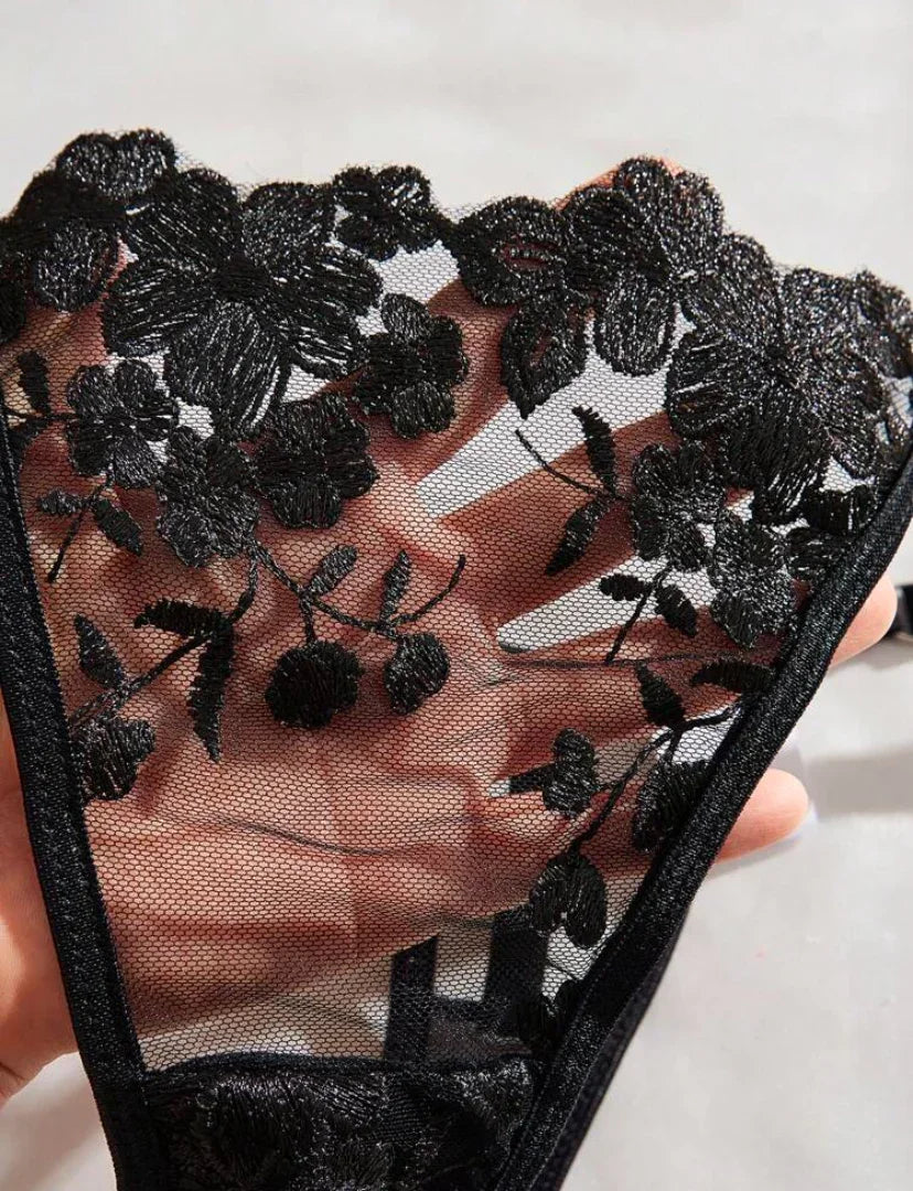 2 piezas Conjunto de lencería de dama negro de encaje bordado transparente de malla de unicolor con sujetador y tanga
