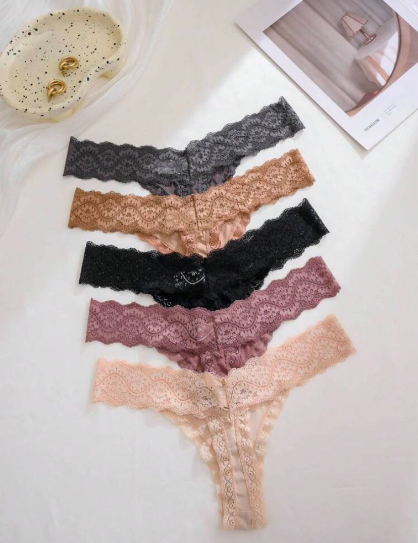 Set de 5 tangas casuales de mujer de cintura baja con parches de encaje de colores múltiples
