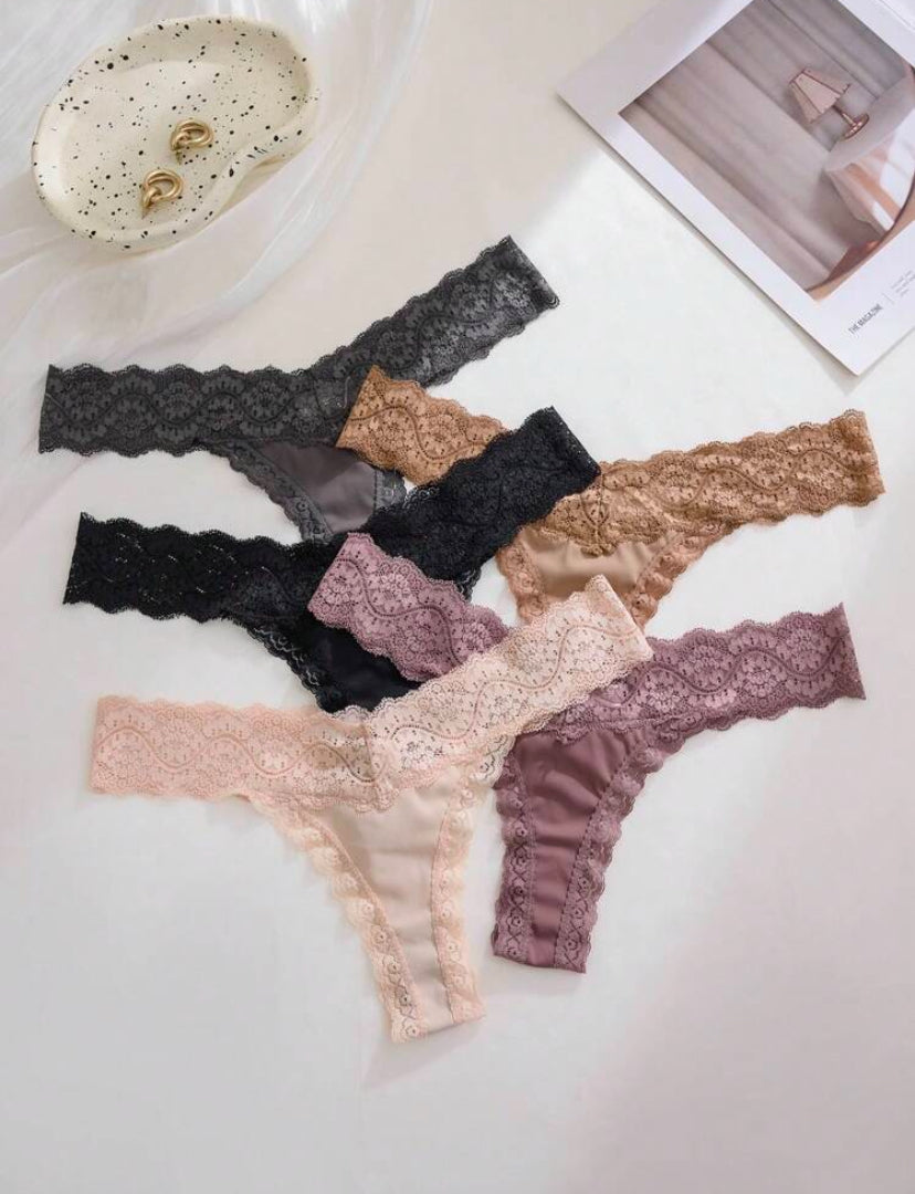 Set de 5 tangas casuales de mujer de cintura baja con parches de encaje de colores múltiples