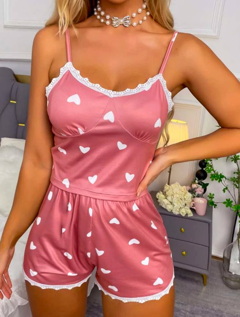 Conjunto de pijama con estampado de corazón ribete con encaje