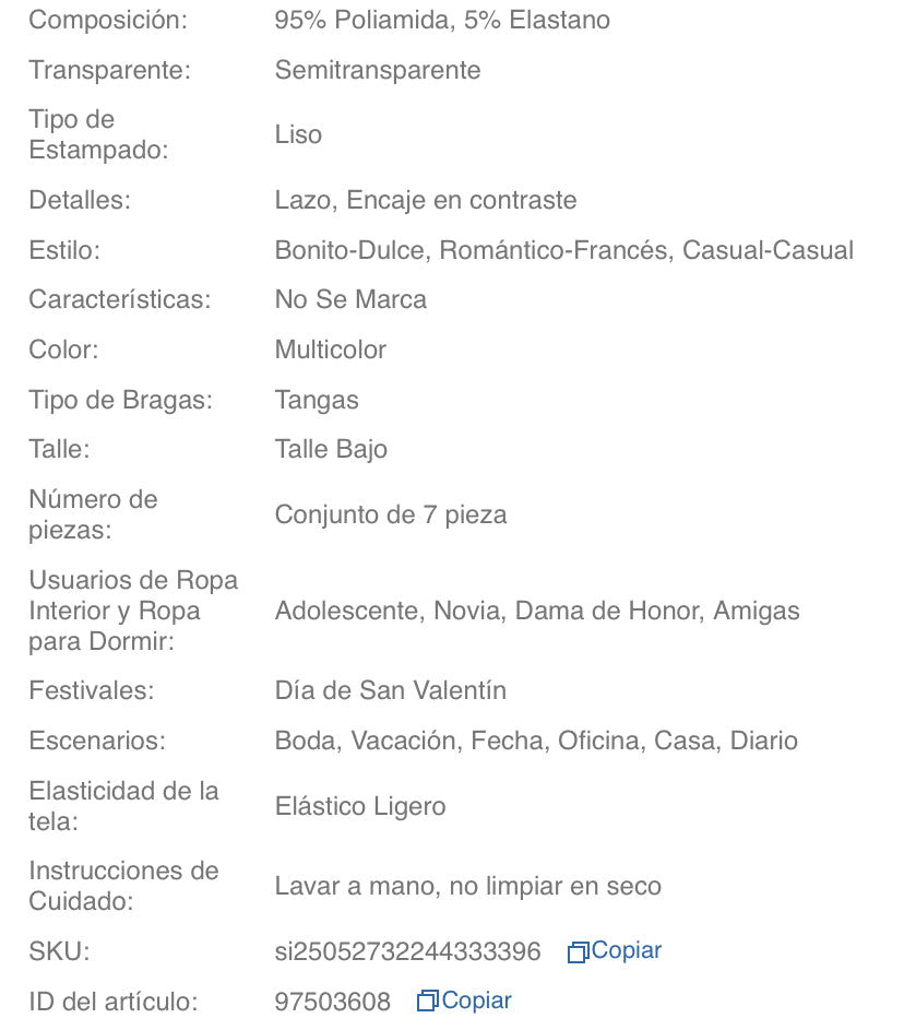 7 piezas/paquete Bragas francesas románticas multicolor con tanga sexy para mujeres
