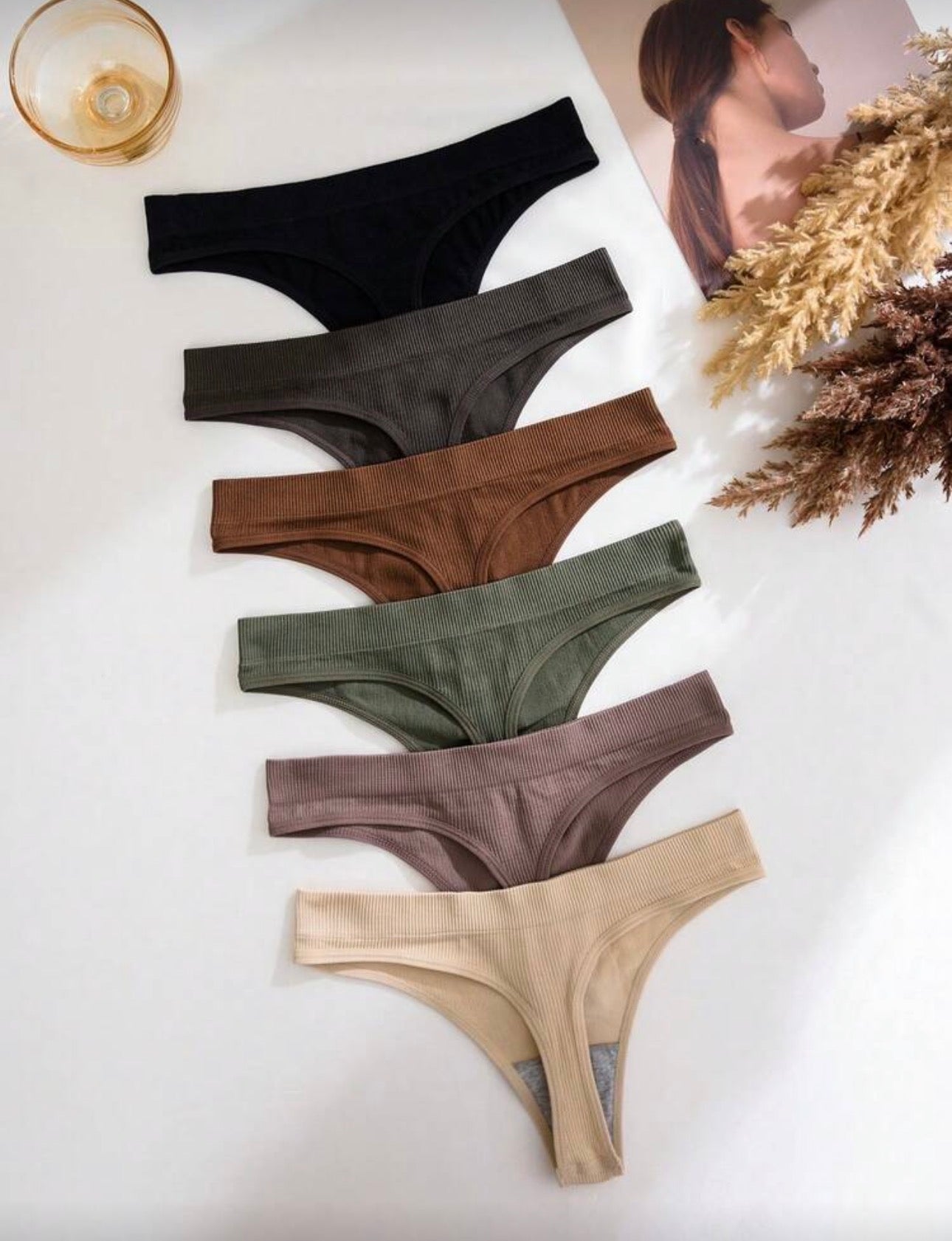 6 piezas/paquete Bragas tipo tanga sin costuras y acanaladas para mujer, de uso casual regular