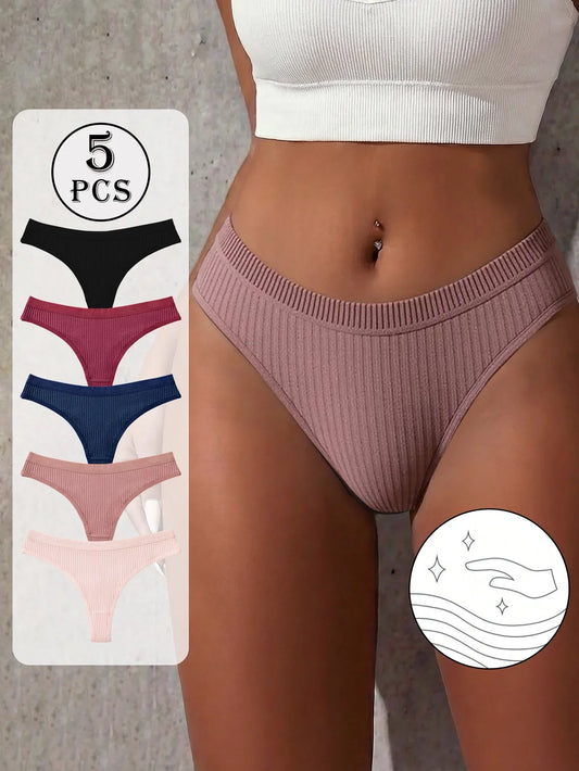 Paquete de 5 bragas tipo tanga sexy y sin costuras para mujer, de unicolor suave y de cintura baja, ropa interior minimalista