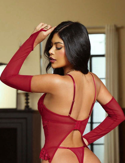 Conjunto de lencería sexy de 6 piezas para mujer, con sujetador de encaje, liguero y malla, tanga, 2 anillos para las piernas y 2 mangas para los brazos
