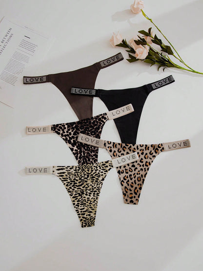 5 piezas Tanga con estampado de leopardo de cintura con cinta con letra