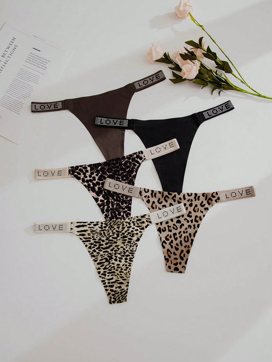 5 piezas Tanga con estampado de leopardo de cintura con cinta con letra