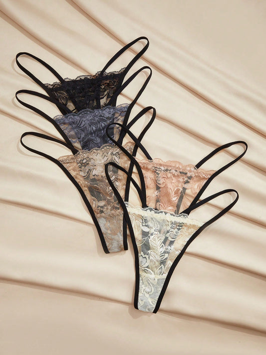 Set de 5 tangas de encaje sexy para mujer, ropa interior romántica para damas