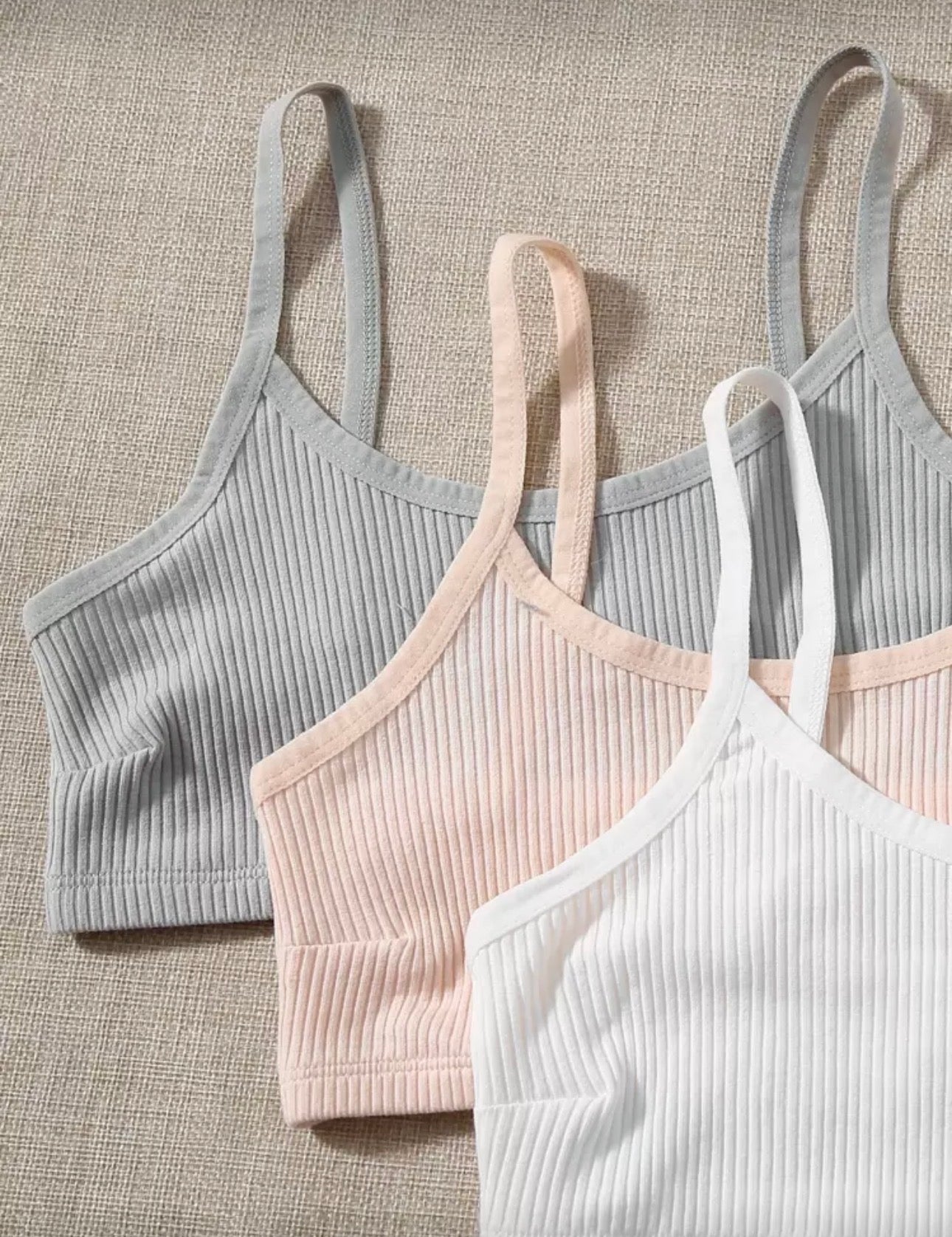 Conjunto de lencería sólida de 3 piezas de algodón con sostén acanalado y panty