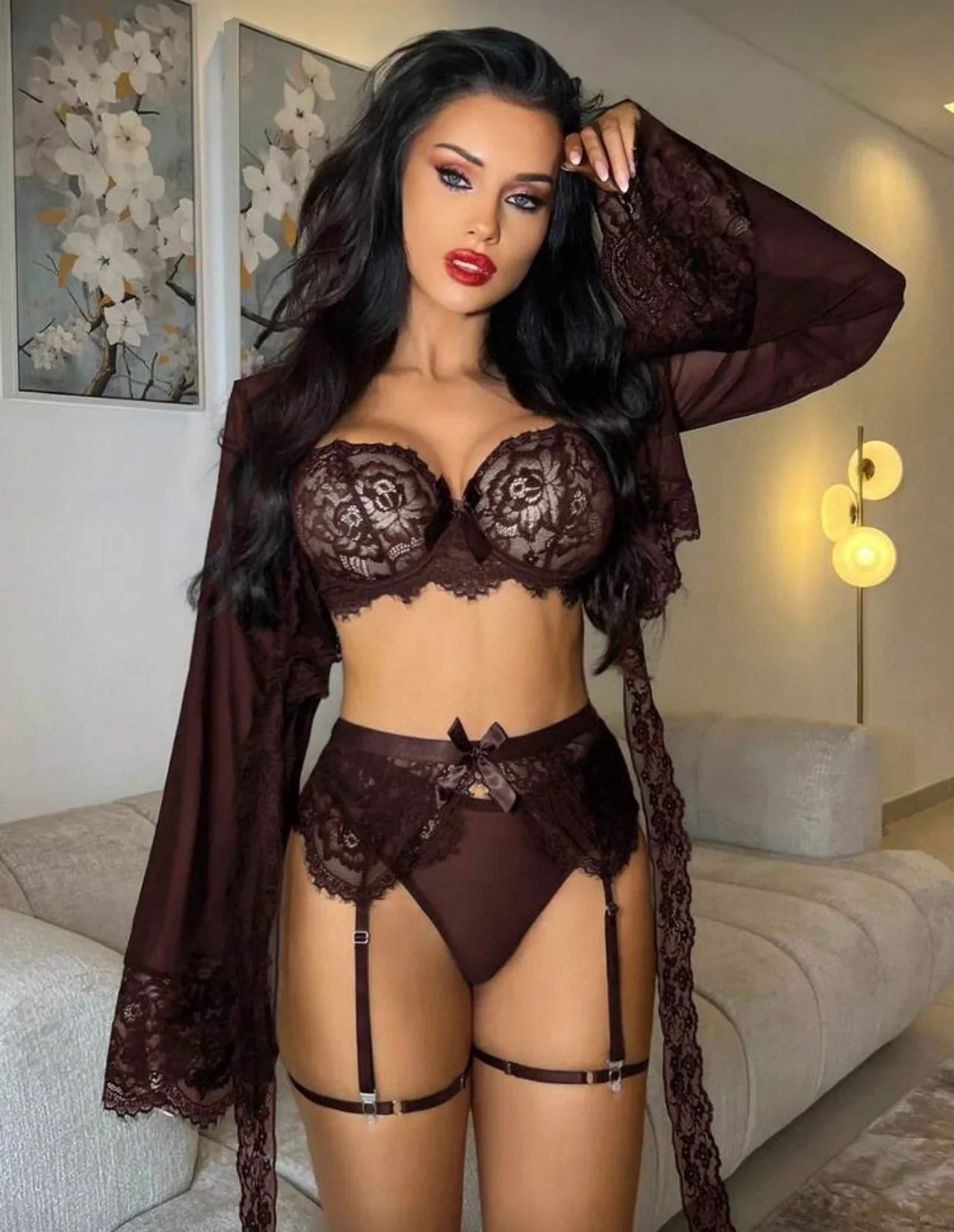 Conjunto de lencería sexy de 6 piezas para mujer, estilo gótico elegante y maduro, que incluye: blusa de encaje y malla holgada, tanga, liguero, 2 anillos para las piernas y bata corta con cordones de encaje largo.