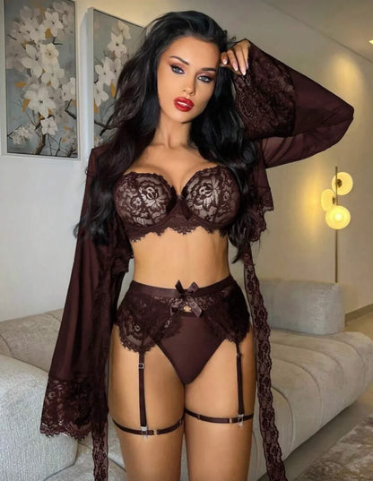 Conjunto de lencería sexy de 6 piezas para mujer, estilo gótico elegante y maduro, que incluye: blusa de encaje y malla holgada, tanga, liguero, 2 anillos para las piernas y bata corta con cordones de encaje largo.