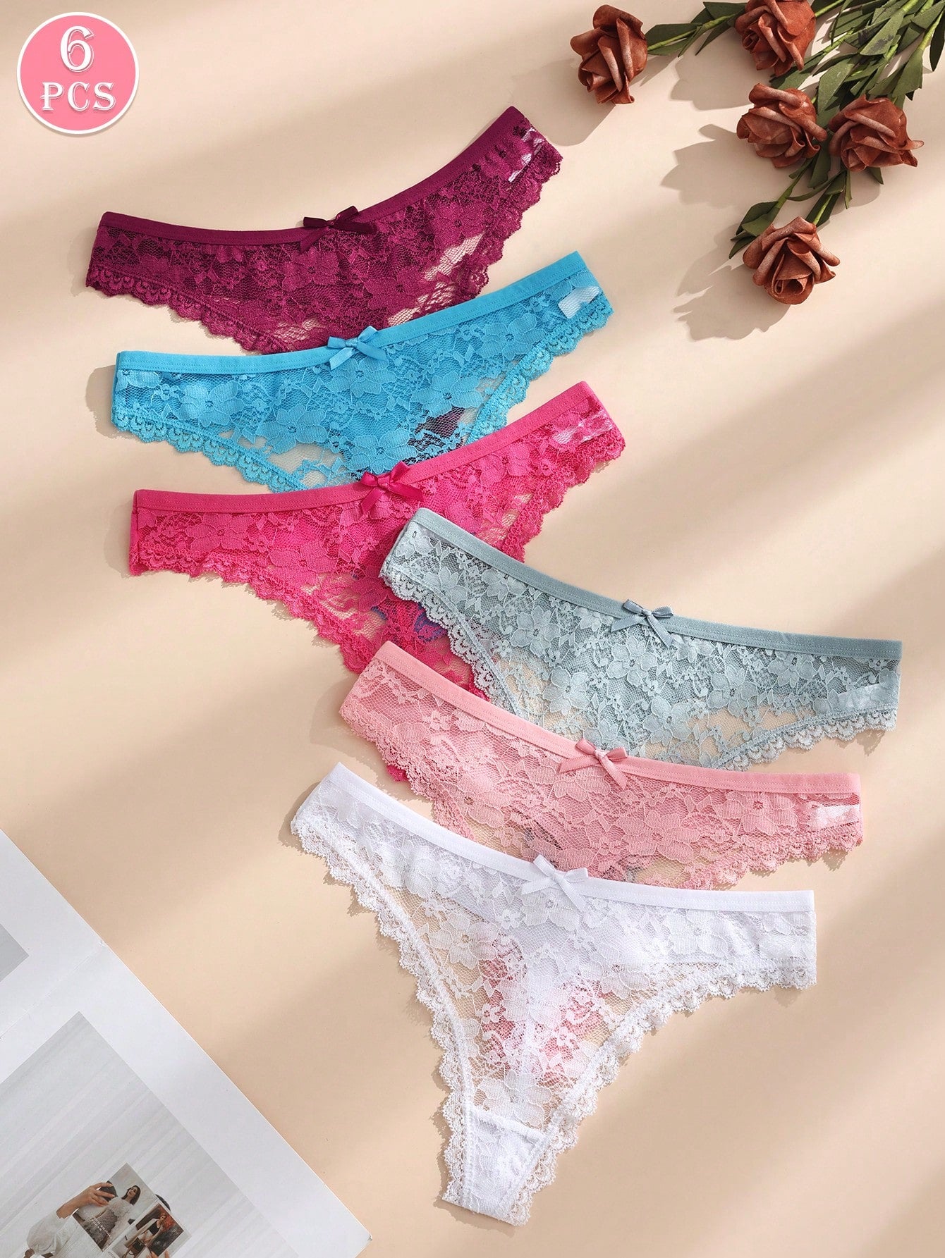 6 piezas/paquete Tanga de mujer con parche de encaje y lazo de unicolor, lencería sexy y cómoda con estiramiento