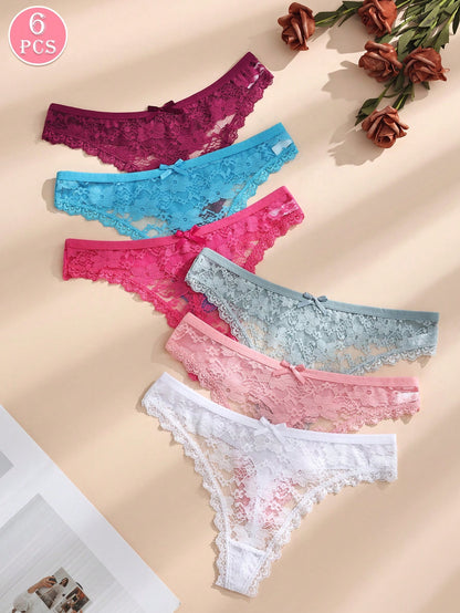 6 piezas/paquete Tanga de mujer con parche de encaje y lazo de unicolor, lencería sexy y cómoda con estiramiento