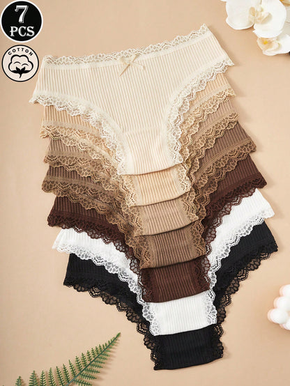 Paquete de 7 bragas de algodón 100% con encaje de contraste floral para mujer