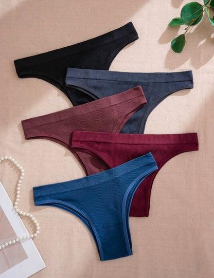 Set de 5 piezas/Paquete de bragas sin costuras de talle súper bajo y cintura moldeada de punto, multicolor