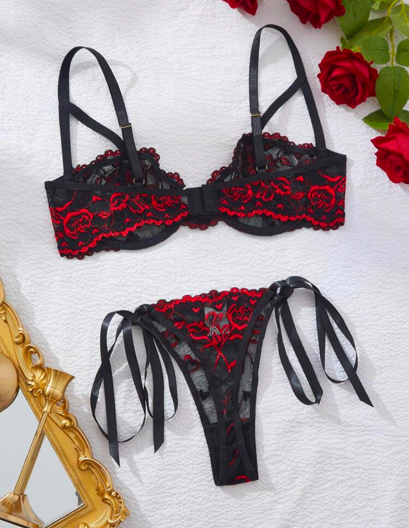 Set de lencería de 2 piezas con brasier de encaje transparente y tanga para mujer
