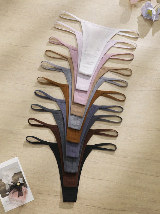 Paquete de 10 bragas tipo tanga de algodón color liso y cómodas para mujer