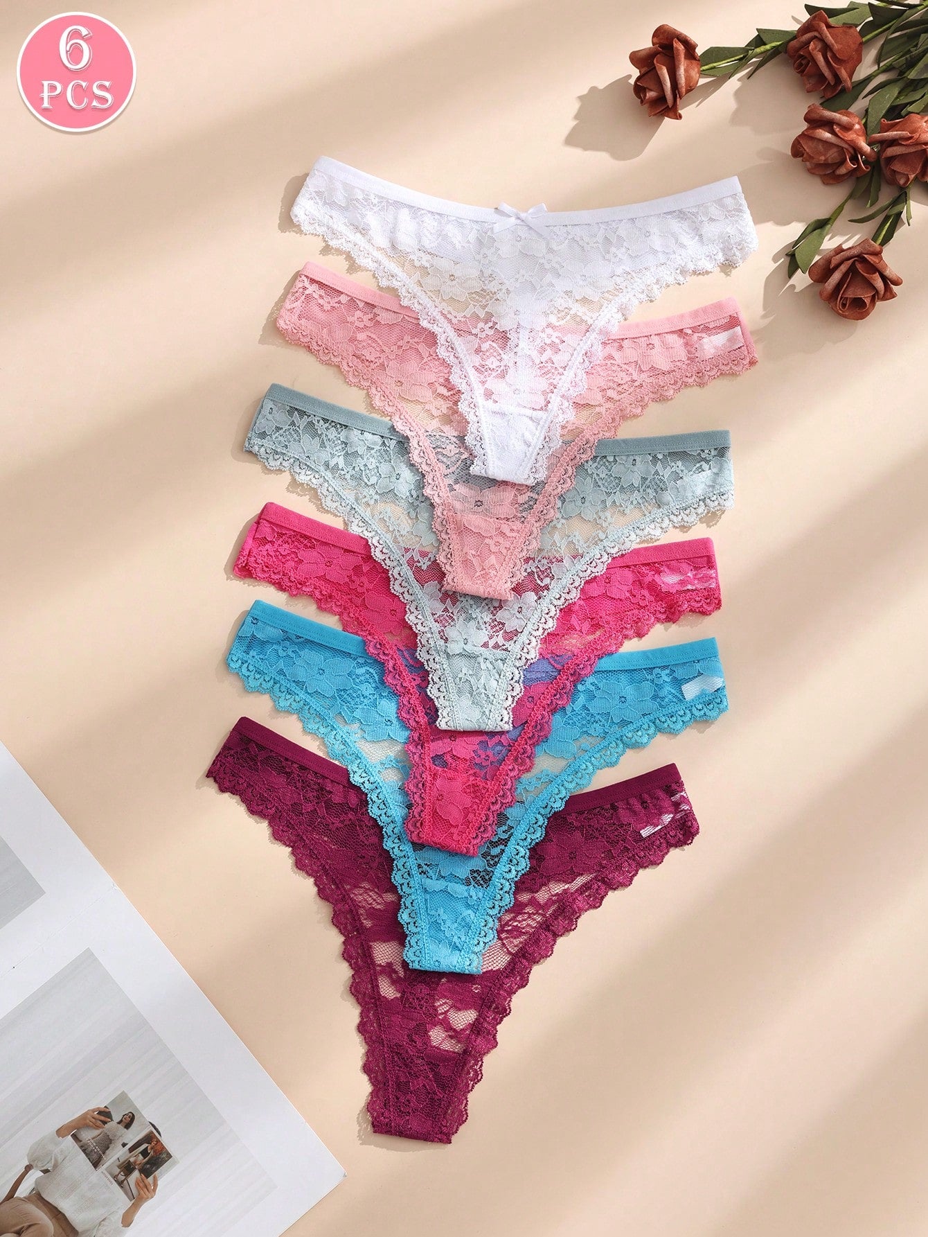 6 piezas/paquete Tanga de mujer con parche de encaje y lazo de unicolor, lencería sexy y cómoda con estiramiento