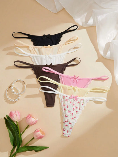 7 piezas/Set Bragas tipo tanga con patchwork de encaje para mujer