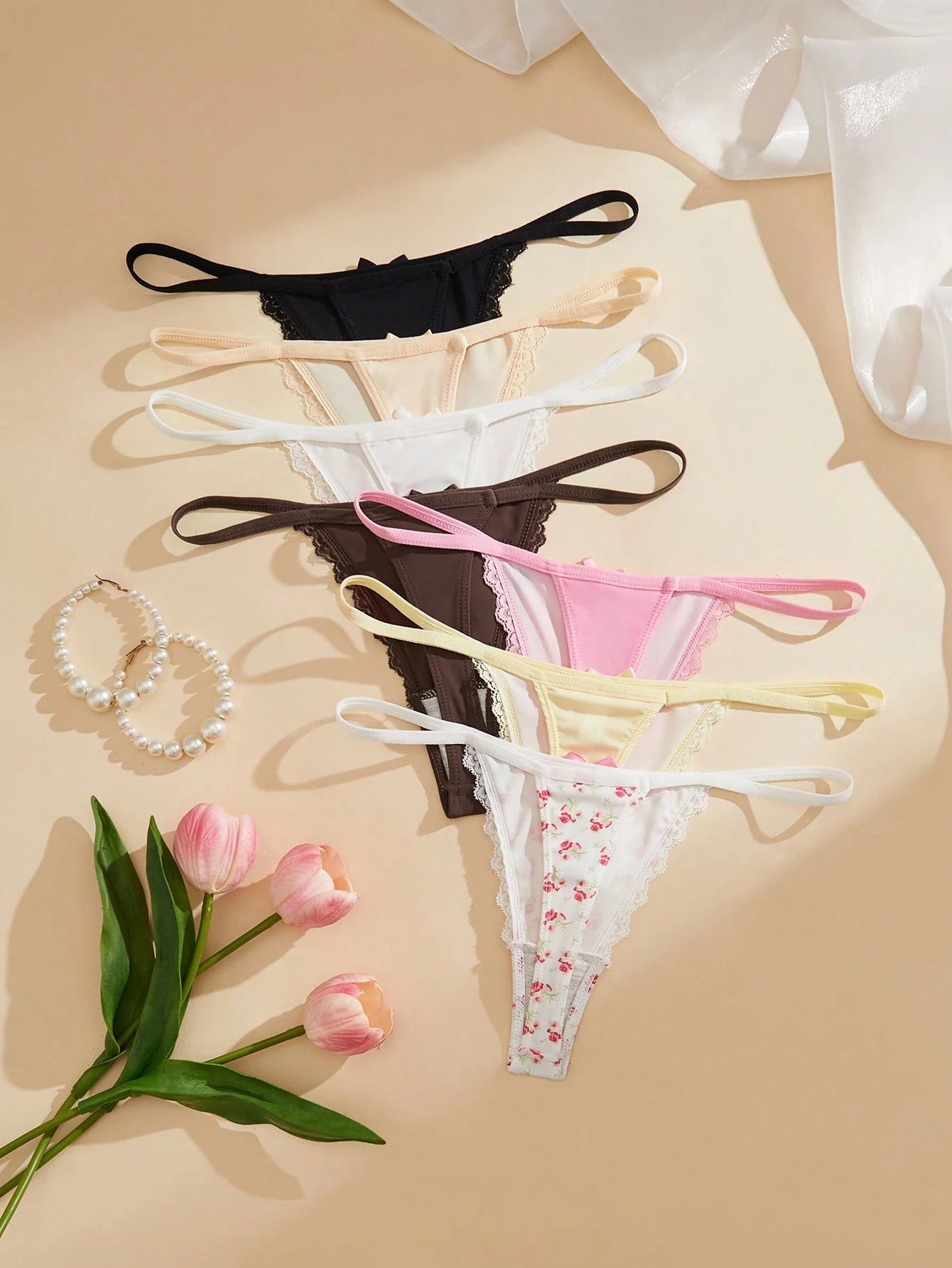 7 piezas/Set Bragas tipo tanga con patchwork de encaje para mujer