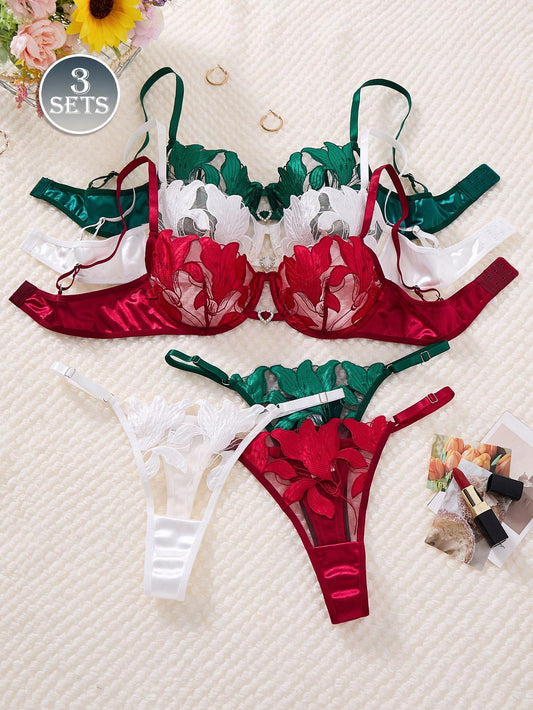 Conjunto x 3 de dos piezas de sujetador para mujer con diseño bordado de flor de lirio en forma de corazón suave panty graduable.