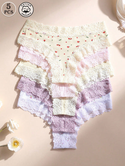 Paquete de 5 bragas tipo tanga de mujer con encaje y parches, suaves, transpirables y cómodas, adecuadas para yoga, deportes y uso diario