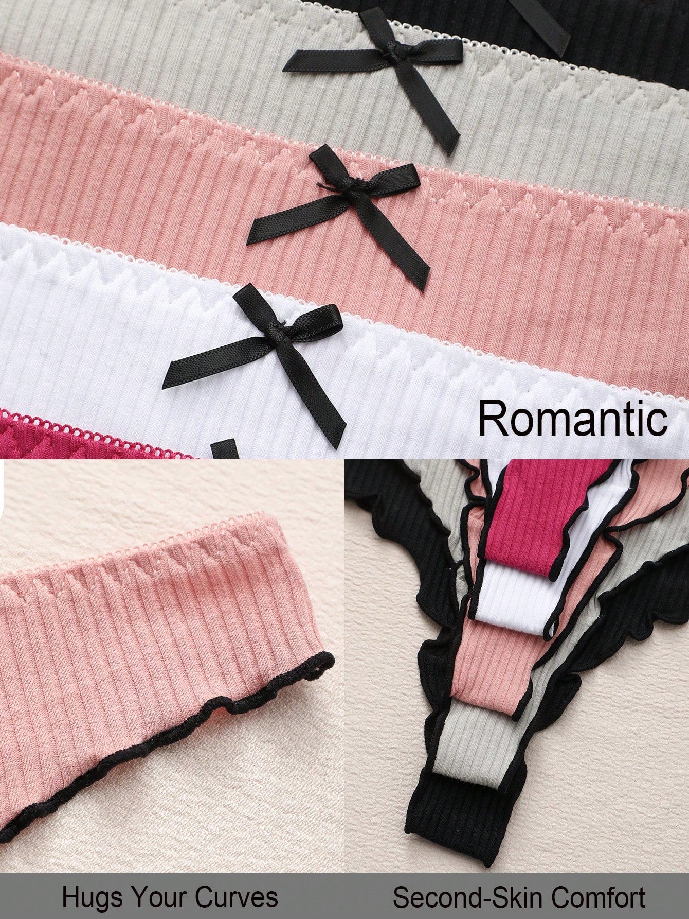 Paquete de 5 bragas tipo tanga de mujer con lazo y rayas de cintura baja, ropa interior elástica suave y cómoda, uso diario de moda