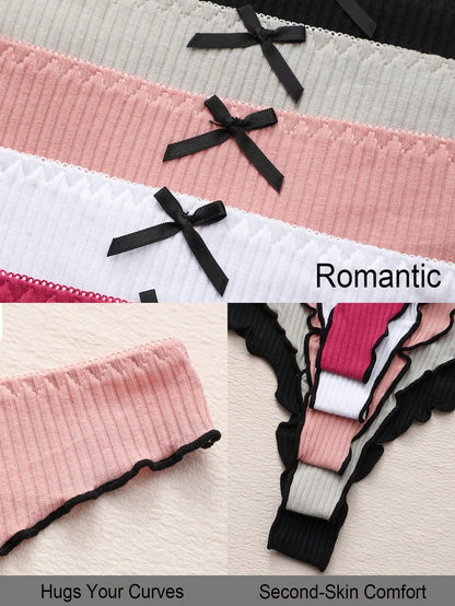 Paquete de 5 bragas tipo tanga de mujer con lazo y rayas de cintura baja, ropa interior elástica suave y cómoda, uso diario de moda