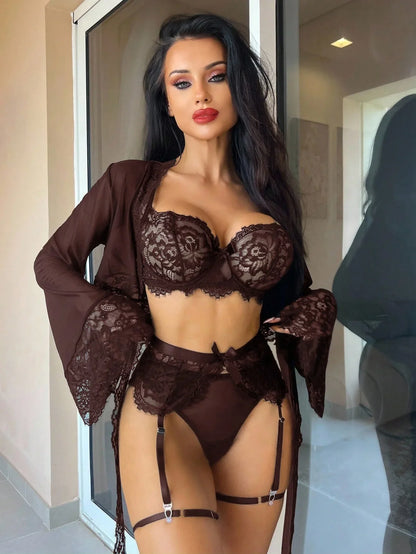 Conjunto de lencería sexy de 6 piezas para mujer, estilo gótico elegante y maduro, que incluye: blusa de encaje y malla holgada, tanga, liguero, 2 anillos para las piernas y bata corta con cordones de encaje largo.