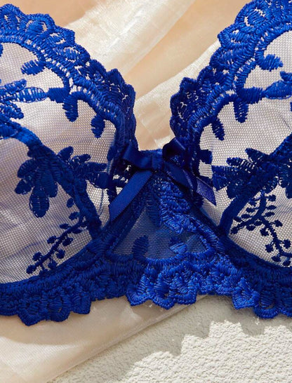Set de 2 piezas de lencería romántica y seductora con bordado azul para mujer