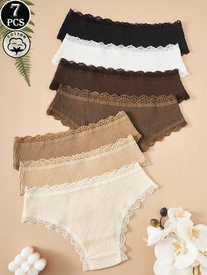 Paquete de 7 bragas de algodón 100% con encaje de contraste floral para mujer